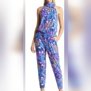 Lilly Pulitzer Neck Tie Botanical Blue Print Jumpsuit/Romper Large